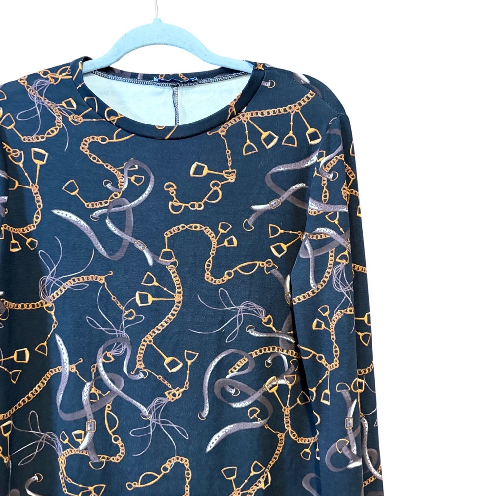 Zara Basic Womens Black Equestrian Chain Print Drop Waist Long Sleeve Dress M - Picture 2 of 6